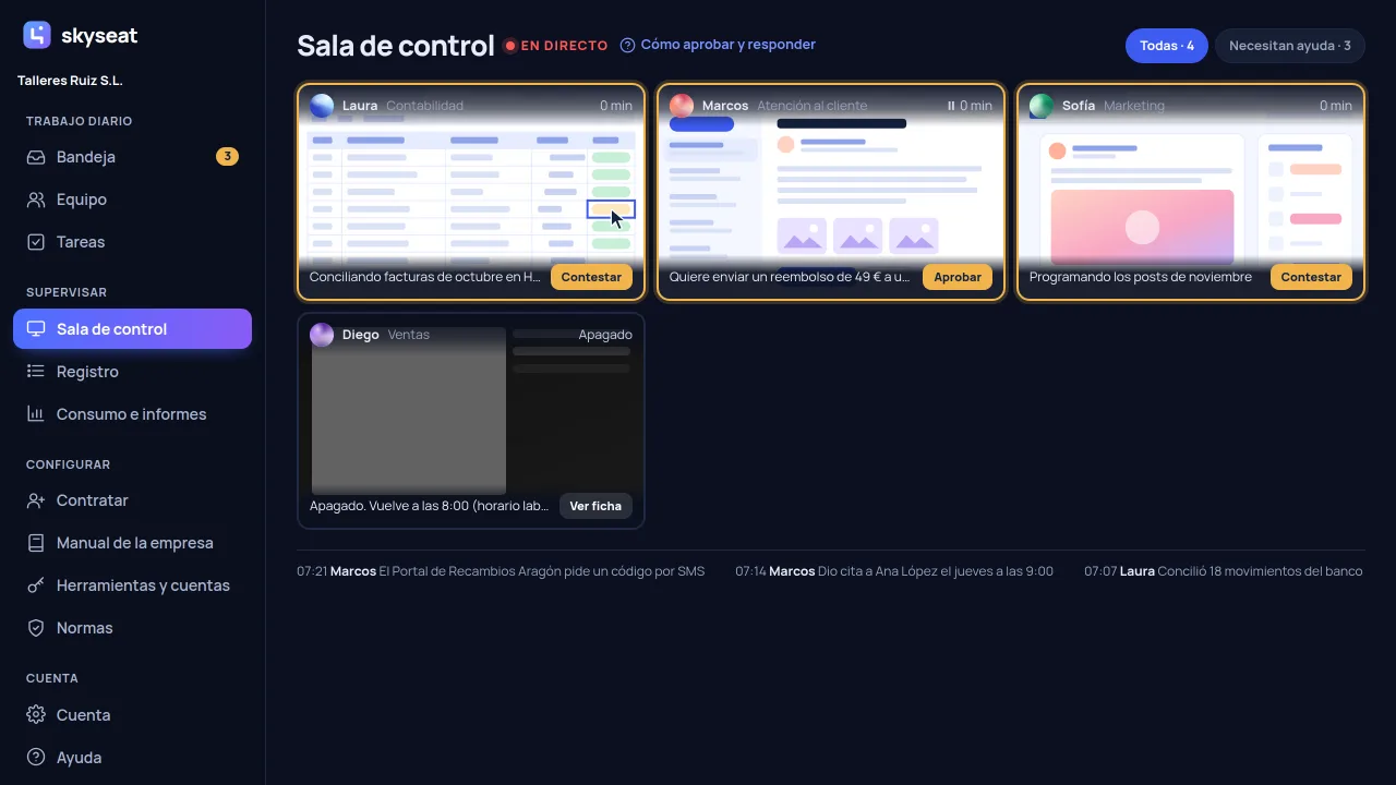 Control room: every screen live; the ones waiting for you light up with a button to reply or approve